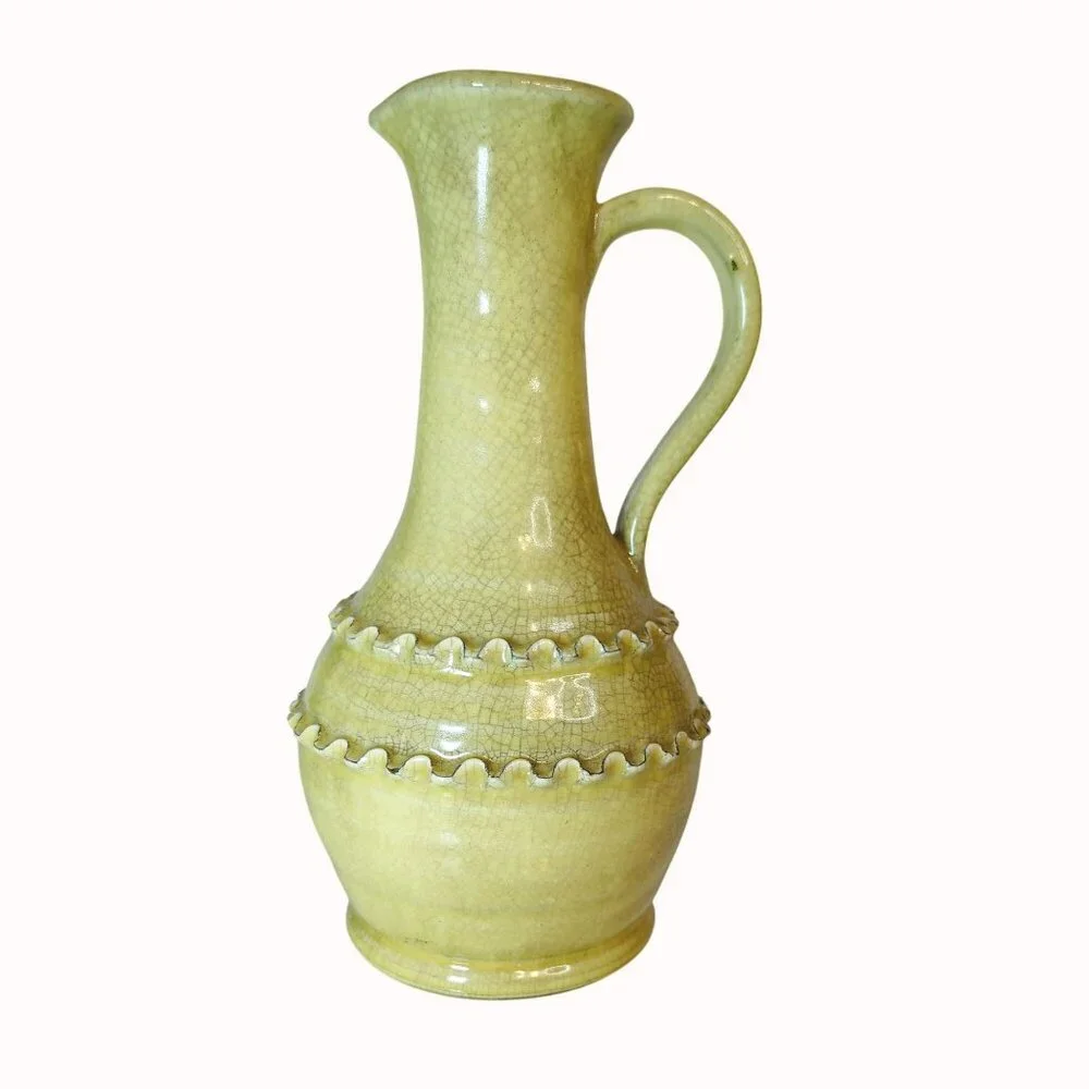 Vintage Raku Crackle Glaze Yellow Pitcher Vase Ruffle Border Studio Earthenware